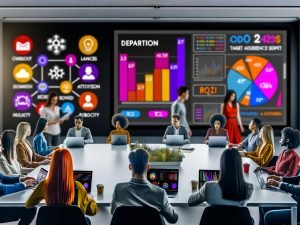 Team junger Marketingprofis analysiert konzentriert Datenvisualisierungen und Dashboards in einem modernen Büroraum, umgeben von Icons für KI, Cloud und Datenschutz.