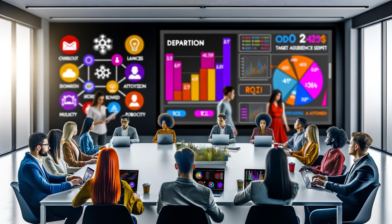 Team junger Marketingprofis analysiert konzentriert Datenvisualisierungen und Dashboards in einem modernen Büroraum, umgeben von Icons für KI, Cloud und Datenschutz.