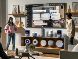 Modernes Wohnzimmer mit Sideboard, mehreren Smart Speakern, Voiceflow-Benutzeroberfläche auf dem Fernseher und zwei Personen, die Sprachassistenten verwenden.