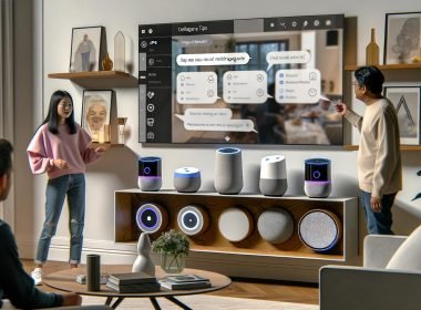 Modernes Wohnzimmer mit Sideboard, mehreren Smart Speakern, Voiceflow-Benutzeroberfläche auf dem Fernseher und zwei Personen, die Sprachassistenten verwenden.