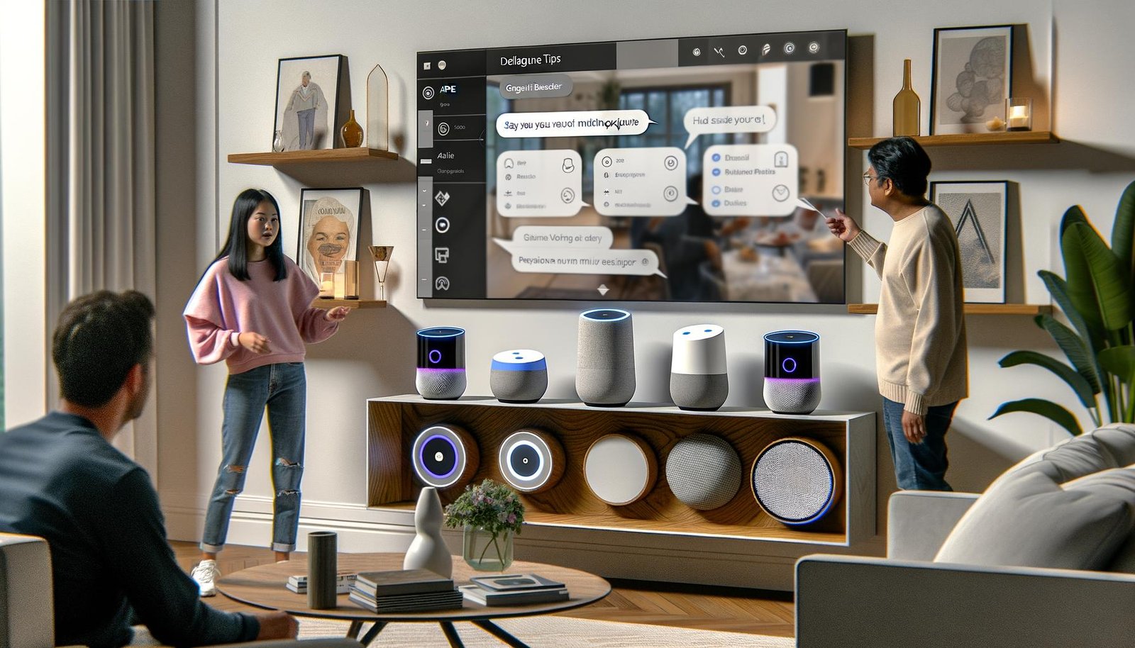 Modernes Wohnzimmer mit Sideboard, mehreren Smart Speakern, Voiceflow-Benutzeroberfläche auf dem Fernseher und zwei Personen, die Sprachassistenten verwenden.