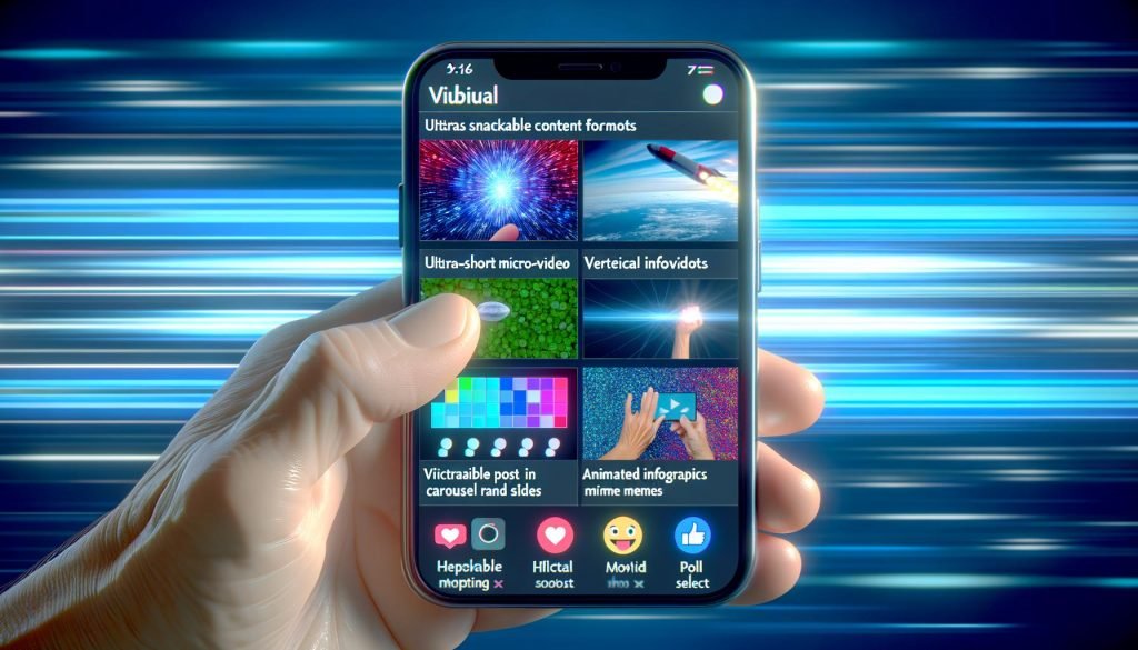 Illustration eines Facebook-Feeds auf einem Smartphone-Display mit Micro-Videos, Carousel-Post, vertikalen Infografiken, animierten GIFs, Memes und einer Umfrage mit Emoticon-Auswahl, umgeben von einem blauen Facebook-Glow.