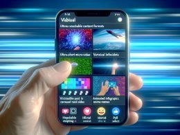 Illustration eines Facebook-Feeds auf einem Smartphone-Display mit Micro-Videos, Carousel-Post, vertikalen Infografiken, animierten GIFs, Memes und einer Umfrage mit Emoticon-Auswahl, umgeben von einem blauen Facebook-Glow.