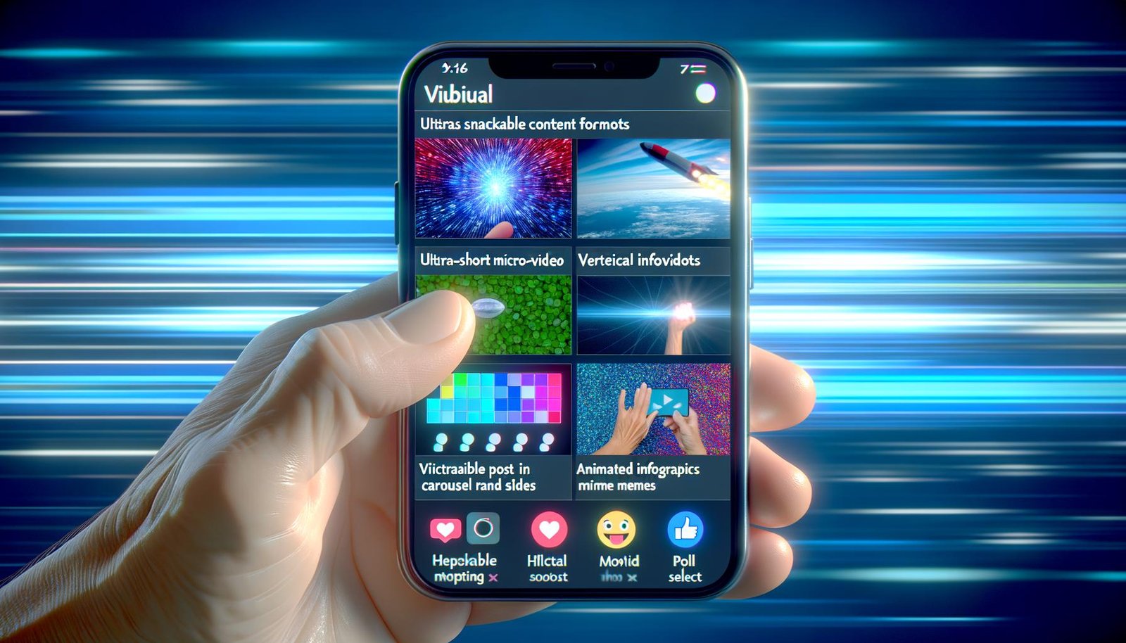 Illustration eines Facebook-Feeds auf einem Smartphone-Display mit Micro-Videos, Carousel-Post, vertikalen Infografiken, animierten GIFs, Memes und einer Umfrage mit Emoticon-Auswahl, umgeben von einem blauen Facebook-Glow.