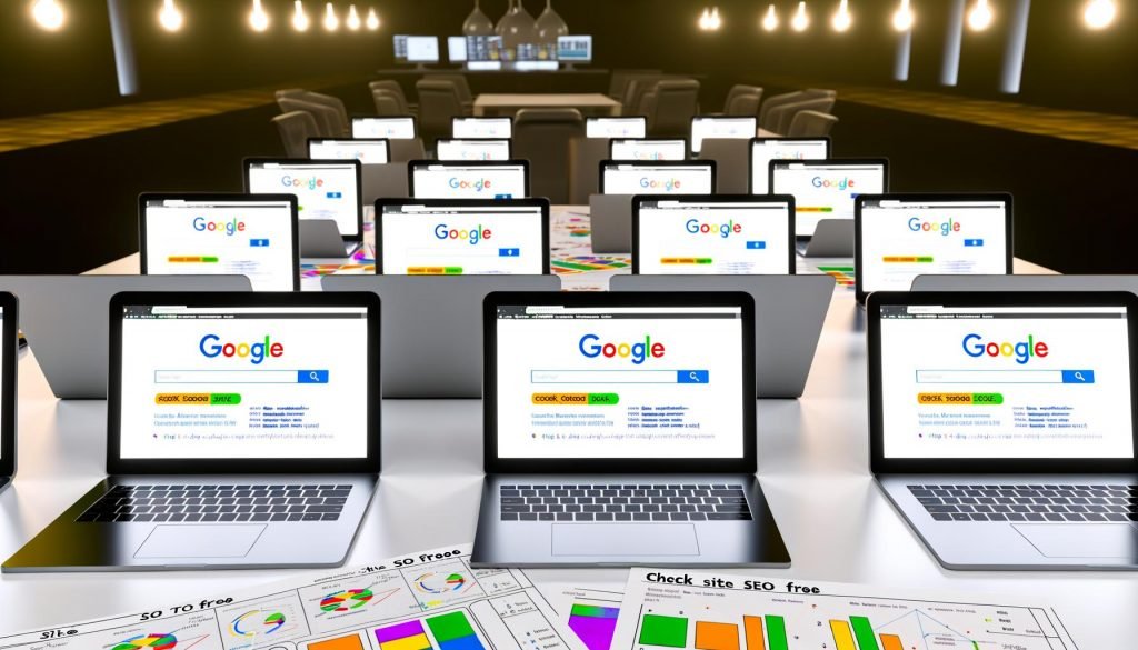 Mehrere Laptops mit verschiedenen SEO-Tools und Score-Anzeigen auf einem Tisch, dazu Papiere mit Diagrammen und das Suchfeld ‚Check Site SEO Free‘ in einem modernen Büro.