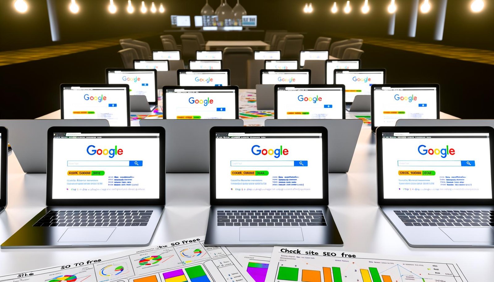 Mehrere Laptops mit verschiedenen SEO-Tools und Score-Anzeigen auf einem Tisch, dazu Papiere mit Diagrammen und das Suchfeld ‚Check Site SEO Free‘ in einem modernen Büro.