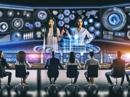 Futuristisches Marketingbüro mit Fachleuten an digitalen Arbeitsplätzen, großen Analysescreens und holografischem Interface für datengetriebene Kampagnen