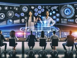 Futuristisches Marketingbüro mit Fachleuten an digitalen Arbeitsplätzen, großen Analysescreens und holografischem Interface für datengetriebene Kampagnen