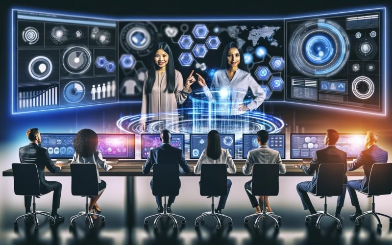 Futuristisches Marketingbüro mit Fachleuten an digitalen Arbeitsplätzen, großen Analysescreens und holografischem Interface für datengetriebene Kampagnen