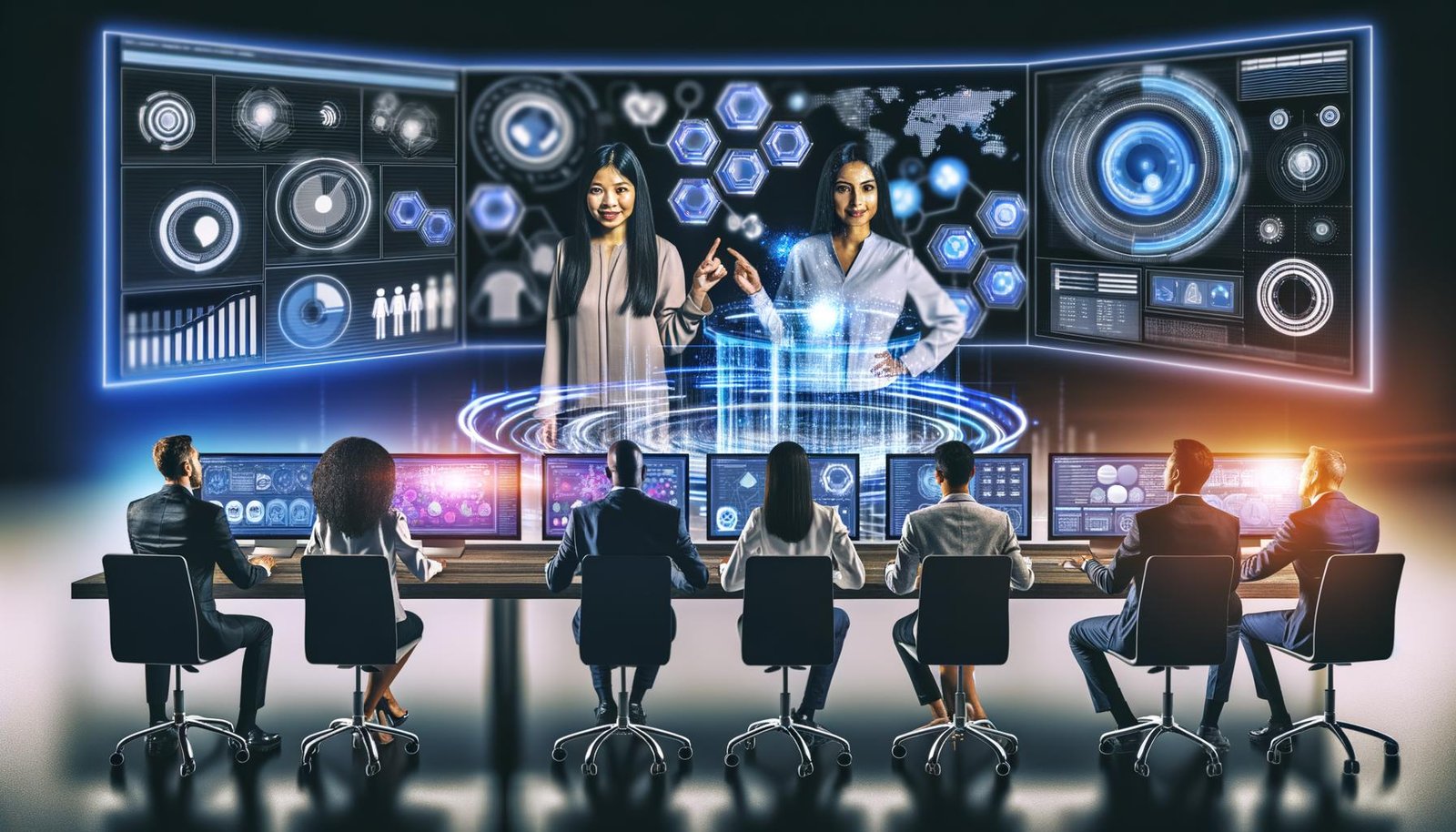 Futuristisches Marketingbüro mit Fachleuten an digitalen Arbeitsplätzen, großen Analysescreens und holografischem Interface für datengetriebene Kampagnen