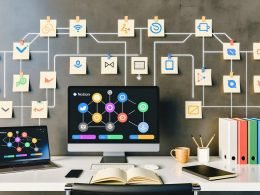 Moderner, heller Büroarbeitsplatz mit großem Bildschirm, auf dem ein Notion CRM Kanban-Board und Datenbanken angezeigt werden. Daneben liegen Smartphone mit Zapier-Integration, Notizbücher und eine Kaffeetasse. Ikonen von Google Contacts, Mailchimp, Slack und Google Kalender an der Wand verbunden mit Notion.