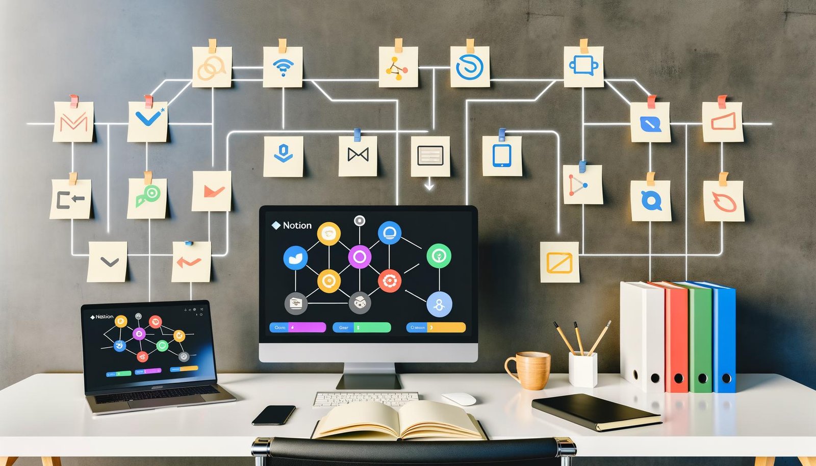 Moderner, heller Büroarbeitsplatz mit großem Bildschirm, auf dem ein Notion CRM Kanban-Board und Datenbanken angezeigt werden. Daneben liegen Smartphone mit Zapier-Integration, Notizbücher und eine Kaffeetasse. Ikonen von Google Contacts, Mailchimp, Slack und Google Kalender an der Wand verbunden mit Notion.