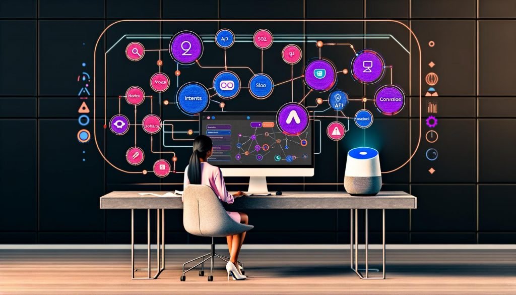 Futuristischer Arbeitsplatz mit Marketer, der eine Voiceflow Smart Speaker Marketing-Lösung auf einem großen Bildschirm gestaltet. Auf dem Schreibtisch stehen Amazon Alexa und Google Nest Hub, umgeben von Sprachbefehlen, Analytics-Diagrammen, SEO-Symbolen und Datenschutzelementen.