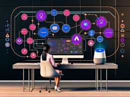 Futuristischer Arbeitsplatz mit Marketer, der eine Voiceflow Smart Speaker Marketing-Lösung auf einem großen Bildschirm gestaltet. Auf dem Schreibtisch stehen Amazon Alexa und Google Nest Hub, umgeben von Sprachbefehlen, Analytics-Diagrammen, SEO-Symbolen und Datenschutzelementen.