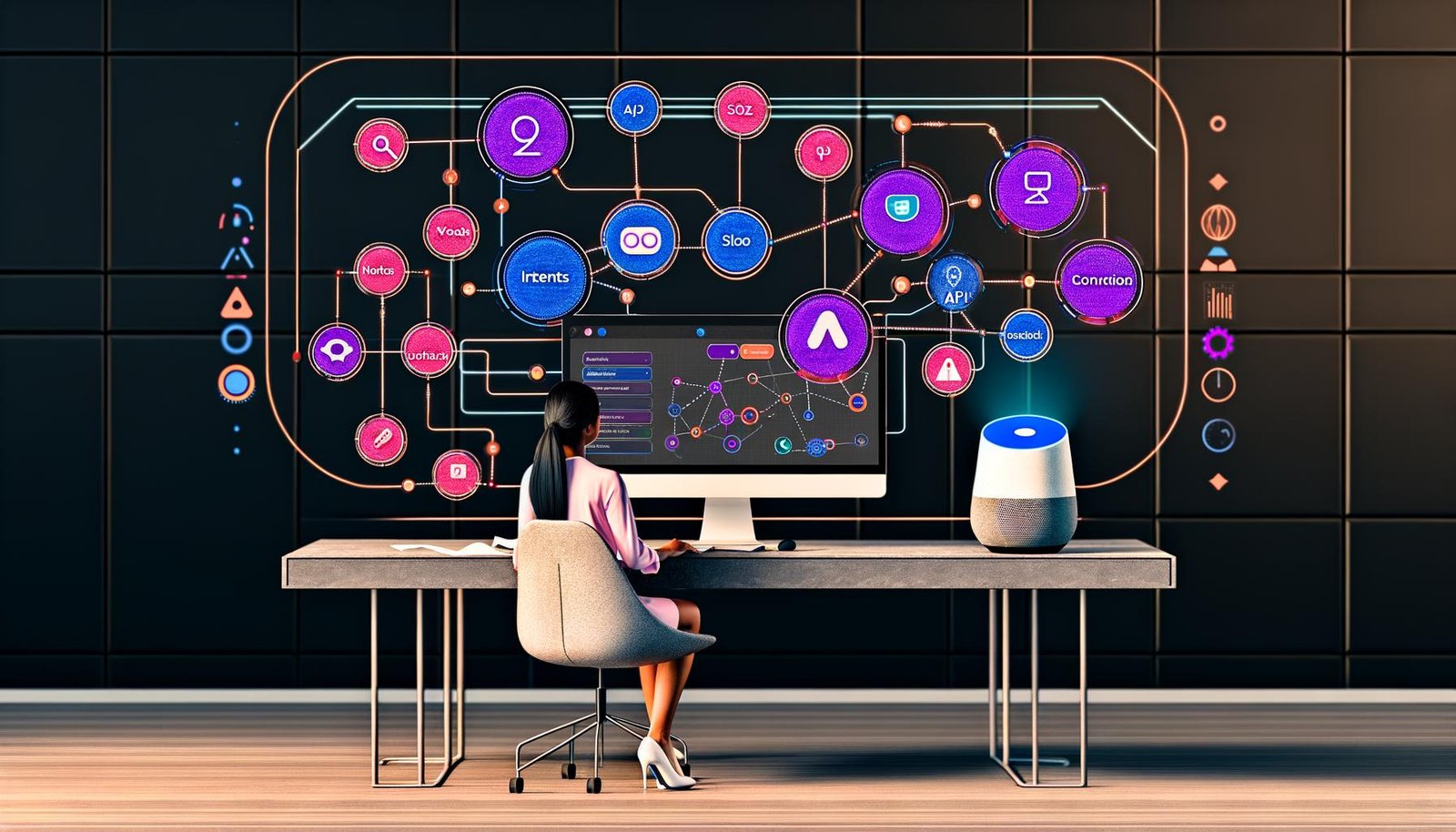 Futuristischer Arbeitsplatz mit Marketer, der eine Voiceflow Smart Speaker Marketing-Lösung auf einem großen Bildschirm gestaltet. Auf dem Schreibtisch stehen Amazon Alexa und Google Nest Hub, umgeben von Sprachbefehlen, Analytics-Diagrammen, SEO-Symbolen und Datenschutzelementen.