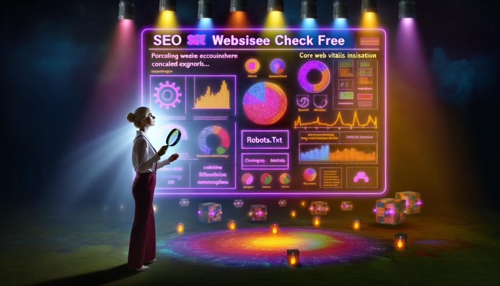 Metaphorisches Bild einer Person mit Lupe vor großem, leuchtendem SEO-Dashboard voller Metriken, Warnzeichen und technischer Details wie robots.txt, Seitenladezeit und Mobile-Symbole. Dunkler Hintergrund mit Spotlight-Effekten.