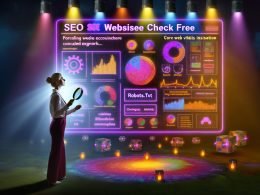 Metaphorisches Bild einer Person mit Lupe vor großem, leuchtendem SEO-Dashboard voller Metriken, Warnzeichen und technischer Details wie robots.txt, Seitenladezeit und Mobile-Symbole. Dunkler Hintergrund mit Spotlight-Effekten.