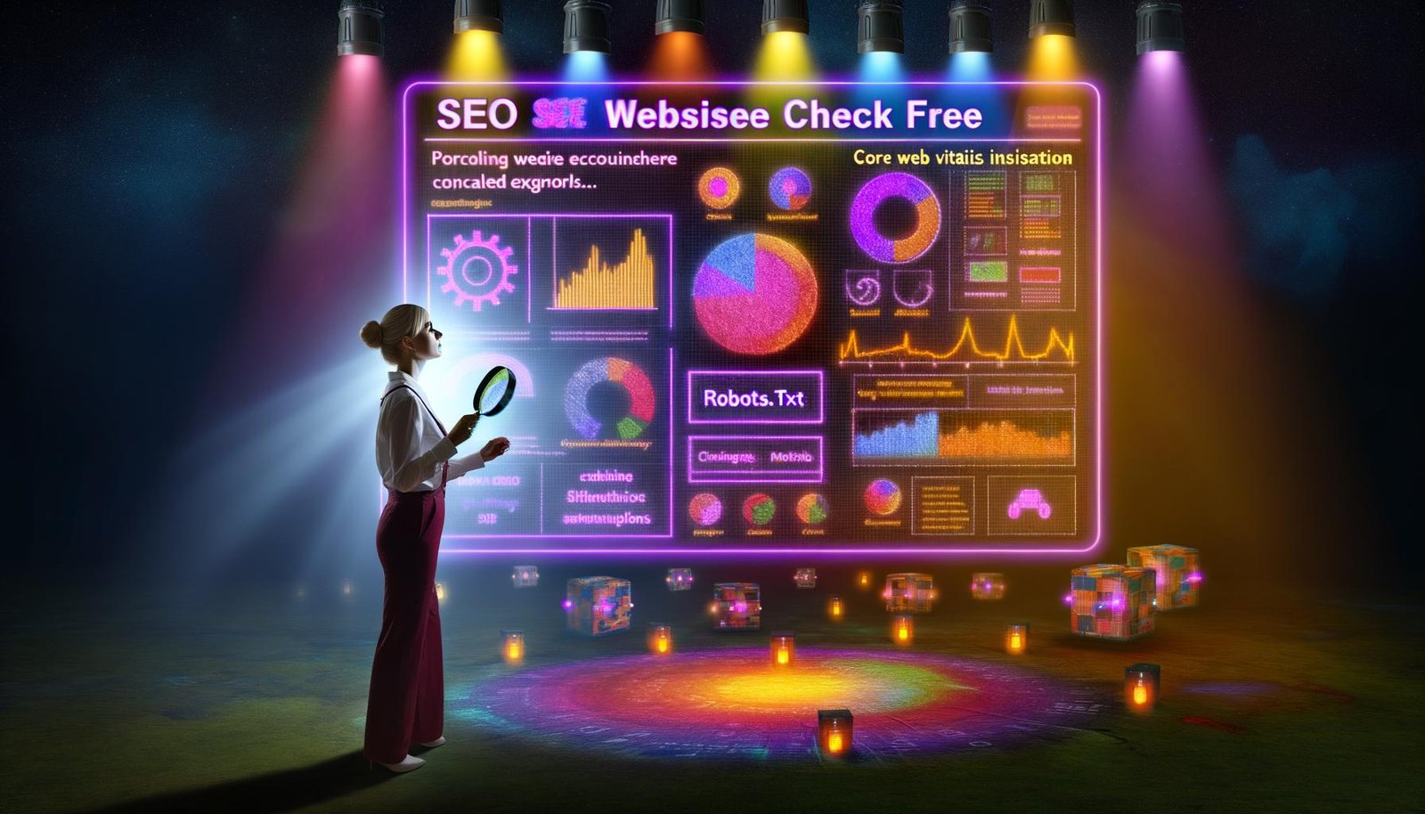 Metaphorisches Bild einer Person mit Lupe vor großem, leuchtendem SEO-Dashboard voller Metriken, Warnzeichen und technischer Details wie robots.txt, Seitenladezeit und Mobile-Symbole. Dunkler Hintergrund mit Spotlight-Effekten.