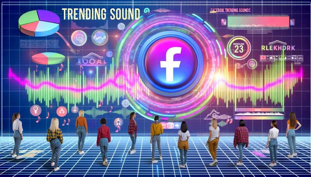 Infografik mit jungen Marketern in Streetwear, lebhaftem Dashboard voller Facebook Reels, Soundwellen und Social-Media-Icons. Überdimensionierter 'Trending Sound'-Button und steigende Reichweiten visualisieren Social Growth 2024.