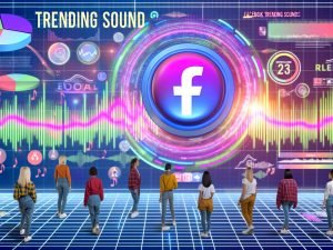 Infografik mit jungen Marketern in Streetwear, lebhaftem Dashboard voller Facebook Reels, Soundwellen und Social-Media-Icons. Überdimensionierter 'Trending Sound'-Button und steigende Reichweiten visualisieren Social Growth 2024.