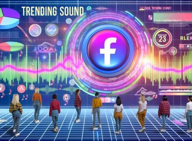 Infografik mit jungen Marketern in Streetwear, lebhaftem Dashboard voller Facebook Reels, Soundwellen und Social-Media-Icons. Überdimensionierter 'Trending Sound'-Button und steigende Reichweiten visualisieren Social Growth 2024.