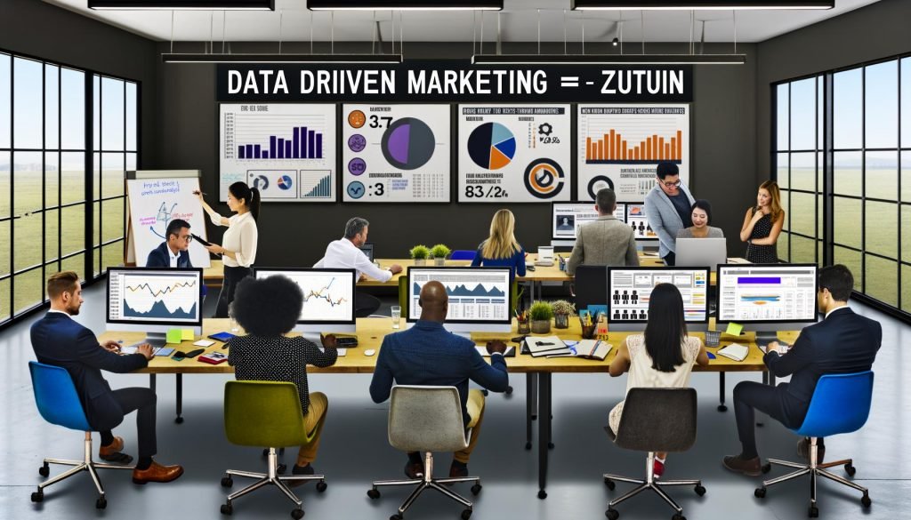 Diverse Marketinggruppe in modernem Büro, konzentriert auf digitale Dashboards und Datenanalyse, mit Whiteboard-Aufschrift 'Data Driven Marketing = Zukunft' und Poster gegen alte Marketingmethoden.