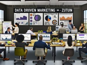 Diverse Marketinggruppe in modernem Büro, konzentriert auf digitale Dashboards und Datenanalyse, mit Whiteboard-Aufschrift 'Data Driven Marketing = Zukunft' und Poster gegen alte Marketingmethoden.