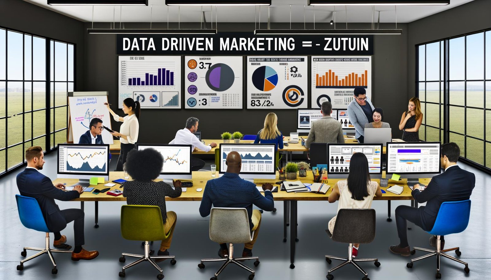 Diverse Marketinggruppe in modernem Büro, konzentriert auf digitale Dashboards und Datenanalyse, mit Whiteboard-Aufschrift 'Data Driven Marketing = Zukunft' und Poster gegen alte Marketingmethoden.