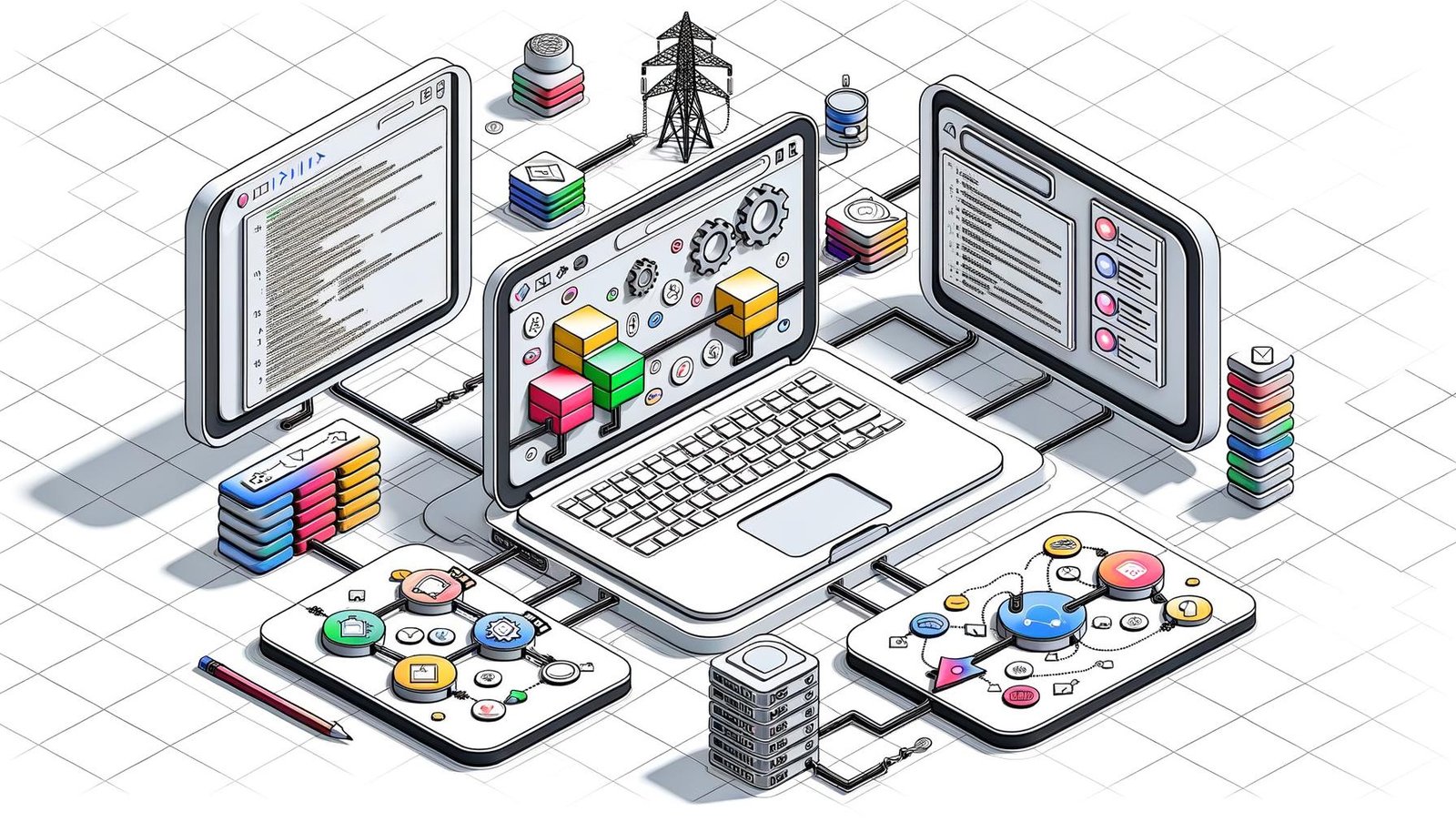 Moderne, minimalistische Illustrationen eines digitalen Notion-Workspaces mit Event-Tracking-Methoden: Google Tag Manager, APIs, Automatisierungen, Team-Avatare, Datendiagramme und Dashboards in einem futuristischen, kollaborativen Setting.