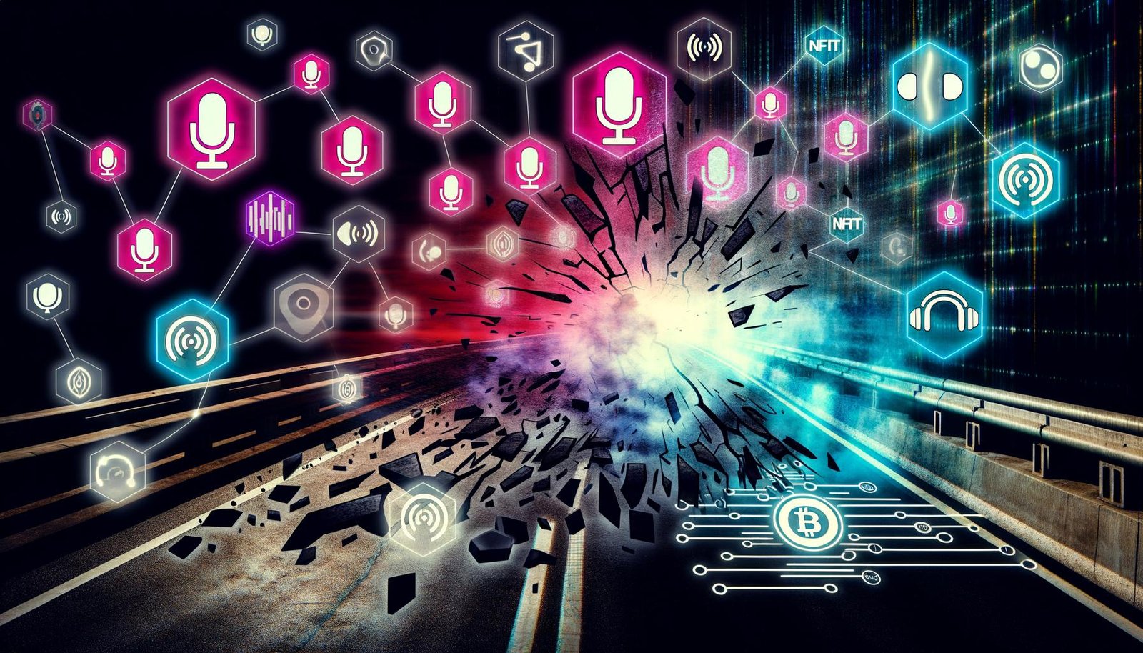 Illustration einer zerstörten Autobahn mit aufsteigenden leuchtenden Podcast-Symbolen, digitalem Dashboard mit Blockchain-Zeichen, schwebenden NFT-Coins, vernetzten Web3-Knoten, interagierenden Avataren, Audio-Wellenformen und Sprachassistenten-Elementen in futurärer, neonfarbener Tech-Noir-Optik.