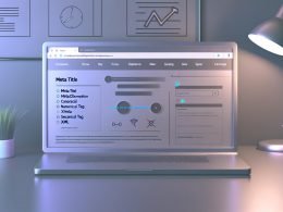 Minimalistischer Arbeitsplatz mit offenem WordPress-Dashboard und leichtgewichtigem SEO-Plugin-Fenster auf einem Laptop-Bildschirm, umgeben von Code- und Performance-Symbolen.