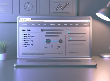 Minimalistischer Arbeitsplatz mit offenem WordPress-Dashboard und leichtgewichtigem SEO-Plugin-Fenster auf einem Laptop-Bildschirm, umgeben von Code- und Performance-Symbolen.