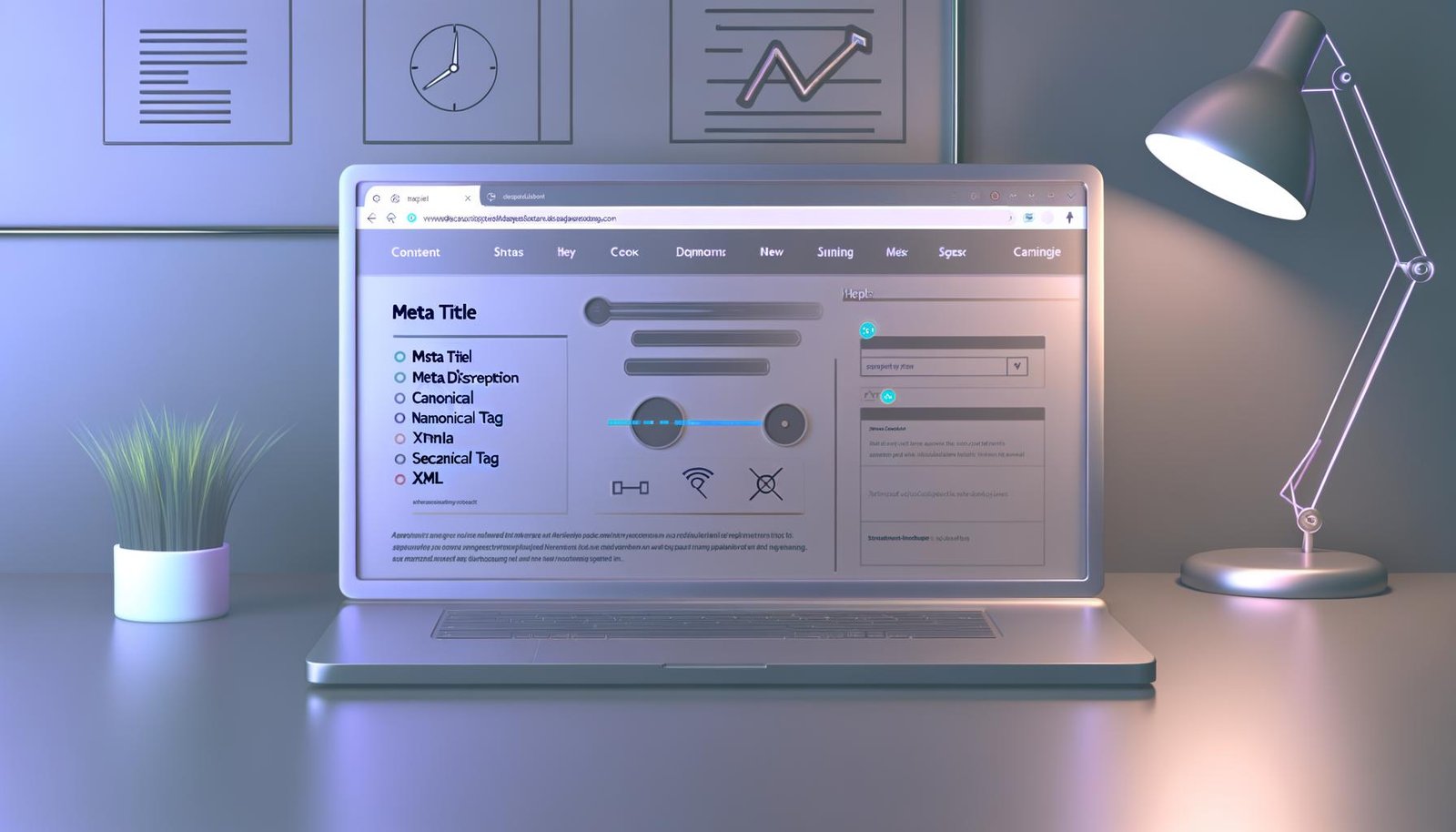 Minimalistischer Arbeitsplatz mit offenem WordPress-Dashboard und leichtgewichtigem SEO-Plugin-Fenster auf einem Laptop-Bildschirm, umgeben von Code- und Performance-Symbolen.