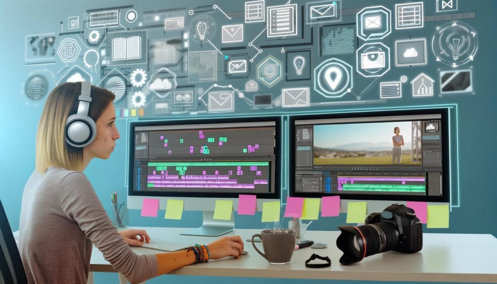 Junger Kreativer an einem modernen Arbeitsplatz mit Facebook-Videoediting auf zwei Monitoren, umgeben von Kamera, Kopfhörern, Notizzetteln und Kaffee