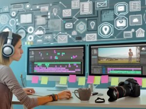 Junger Kreativer an einem modernen Arbeitsplatz mit Facebook-Videoediting auf zwei Monitoren, umgeben von Kamera, Kopfhörern, Notizzetteln und Kaffee