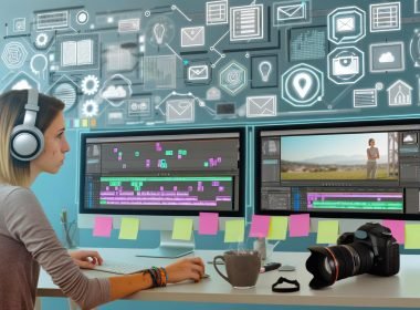 Junger Kreativer an einem modernen Arbeitsplatz mit Facebook-Videoediting auf zwei Monitoren, umgeben von Kamera, Kopfhörern, Notizzetteln und Kaffee