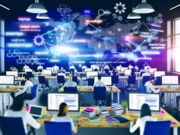 Mehrere kreative Menschen arbeiten an Laptops und großen Monitoren mit Keyword-Analysen, Content-Strukturen und SEO-Tools in einem modernen Büro voller digitaler Grafiken und Content-Marketing-Materialien.