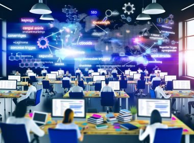 Mehrere kreative Menschen arbeiten an Laptops und großen Monitoren mit Keyword-Analysen, Content-Strukturen und SEO-Tools in einem modernen Büro voller digitaler Grafiken und Content-Marketing-Materialien.