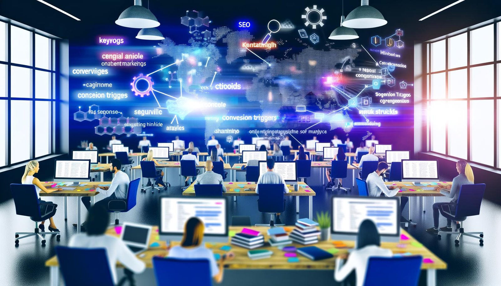 Mehrere kreative Menschen arbeiten an Laptops und großen Monitoren mit Keyword-Analysen, Content-Strukturen und SEO-Tools in einem modernen Büro voller digitaler Grafiken und Content-Marketing-Materialien.