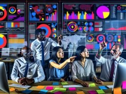 Marketer-Team diskutiert Datenvisualisierungen und KPIs an einem modernen digitalen Dashboard im Büro