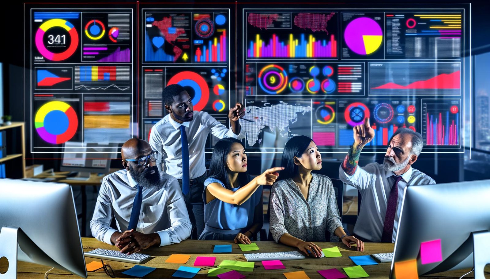 Marketer-Team diskutiert Datenvisualisierungen und KPIs an einem modernen digitalen Dashboard im Büro