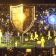 Goldenes Amazon Ads-Logo über digitalen Serverstädten, KI-Schutzschild erkennt und blockiert Bots, während Klickfarmen digitale Goldströme erzeugen.