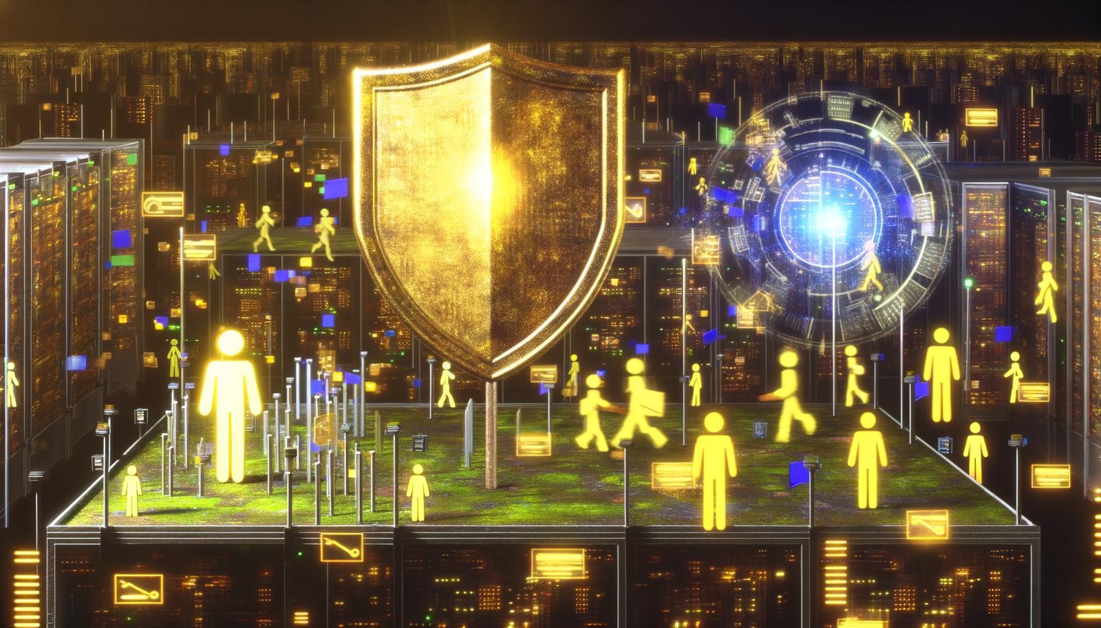 Goldenes Amazon Ads-Logo über digitalen Serverstädten, KI-Schutzschild erkennt und blockiert Bots, während Klickfarmen digitale Goldströme erzeugen.