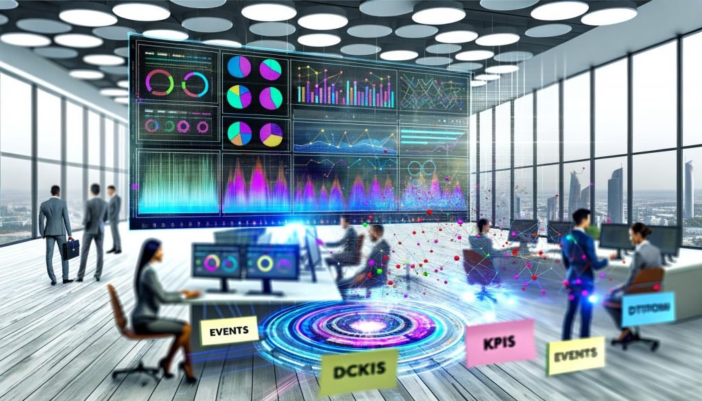 Großer Computerbildschirm mit Notion-Dashboard voller bunter Diagramme und Widgets, digitale Datenlinien fließen heraus, im Hintergrund ein kollaborierendes Marketingteam mit 'Events' und 'KPIs'-Notizzetteln.