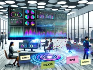 Großer Computerbildschirm mit Notion-Dashboard voller bunter Diagramme und Widgets, digitale Datenlinien fließen heraus, im Hintergrund ein kollaborierendes Marketingteam mit 'Events' und 'KPIs'-Notizzetteln.