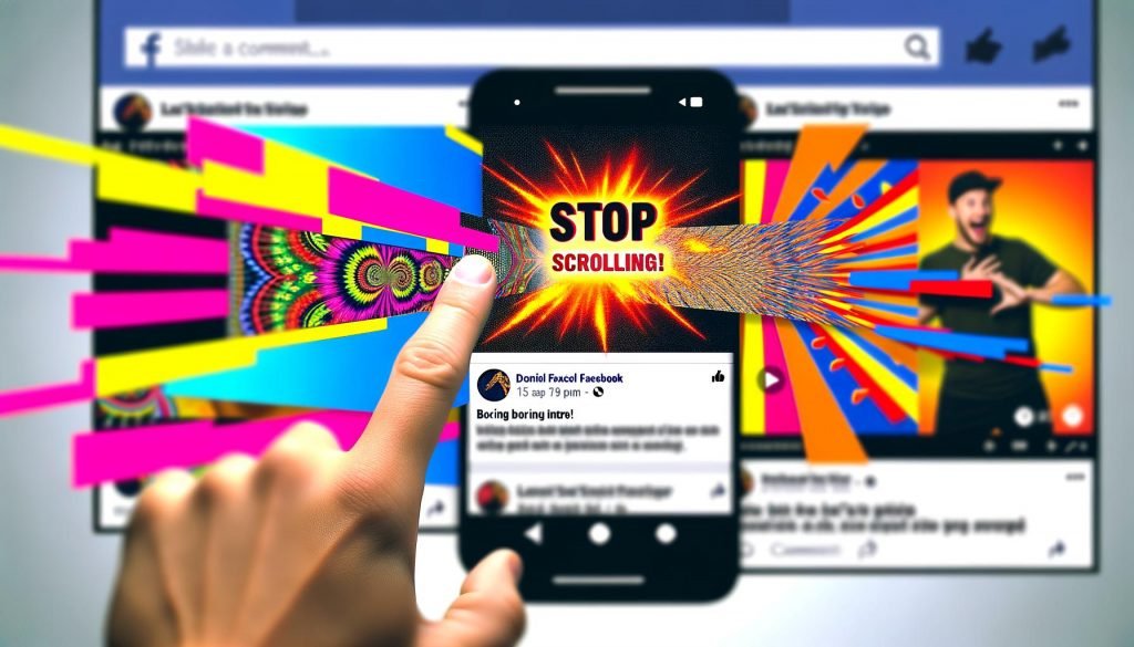 Facebook-Newsfeed auf Smartphone mit farbenfrohem Video, das mit einem knalligen Pattern Interrupt und großem Text 'STOP SCROLLING!' aus der Masse hervorsticht, während andere Videos im Hintergrund verblassen.