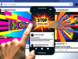 Facebook-Newsfeed auf Smartphone mit farbenfrohem Video, das mit einem knalligen Pattern Interrupt und großem Text 'STOP SCROLLING!' aus der Masse hervorsticht, während andere Videos im Hintergrund verblassen.