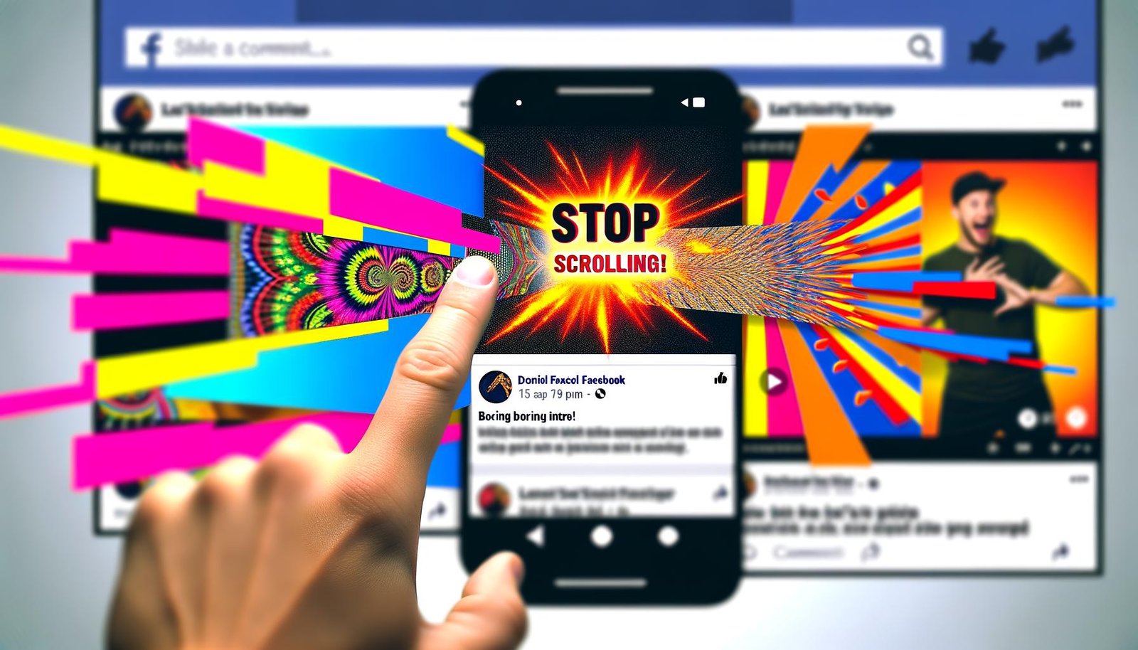 Facebook-Newsfeed auf Smartphone mit farbenfrohem Video, das mit einem knalligen Pattern Interrupt und großem Text 'STOP SCROLLING!' aus der Masse hervorsticht, während andere Videos im Hintergrund verblassen.