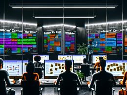 Ultra-moderner Content War Room mit Strategen vor Monitoren, Content-Plänen, Keyword-Clustern, Daten-Dashboards und Post-its an Glaswänden, Projektleiter koordiniert Planung.