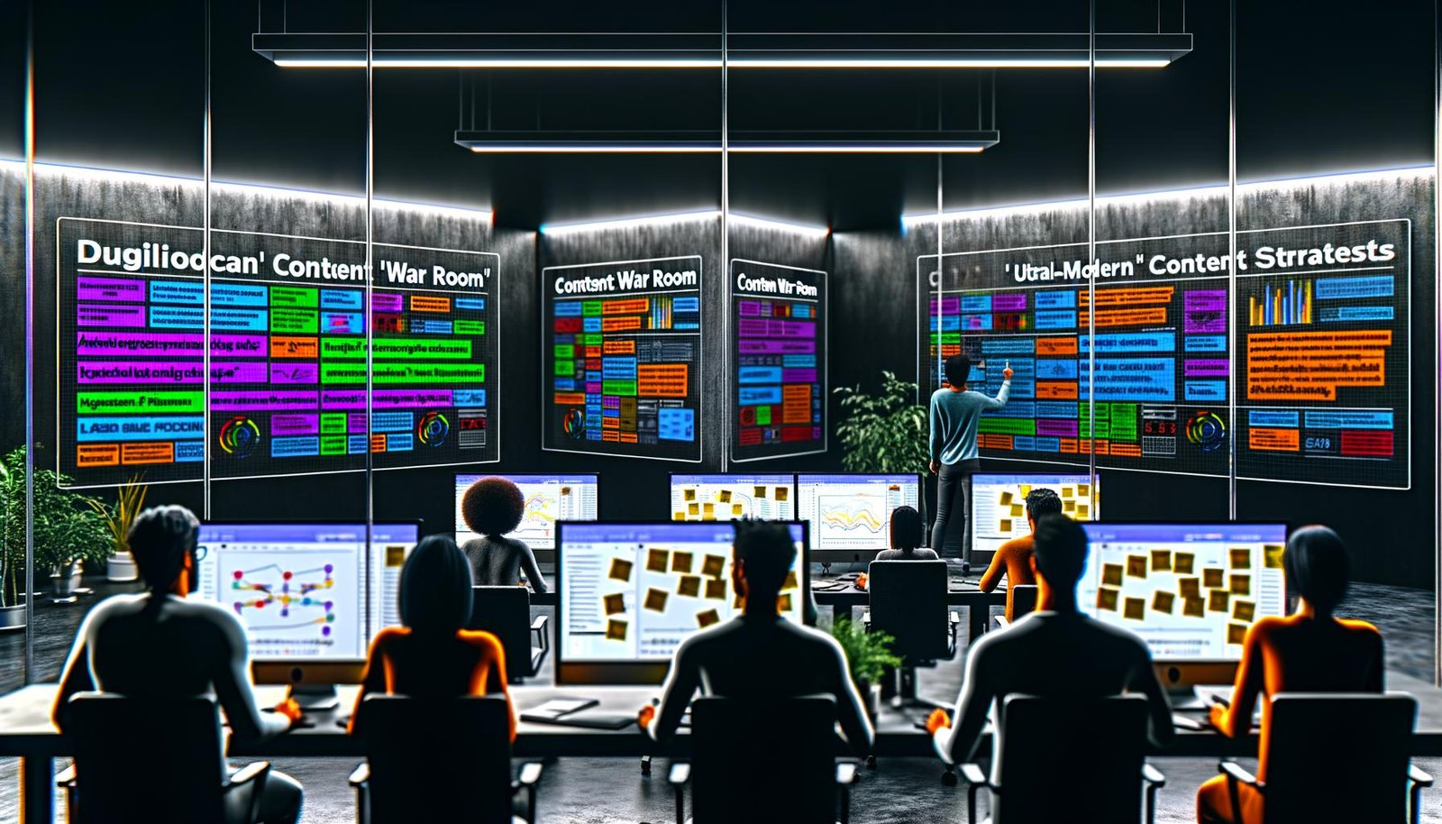 Ultra-moderner Content War Room mit Strategen vor Monitoren, Content-Plänen, Keyword-Clustern, Daten-Dashboards und Post-its an Glaswänden, Projektleiter koordiniert Planung.